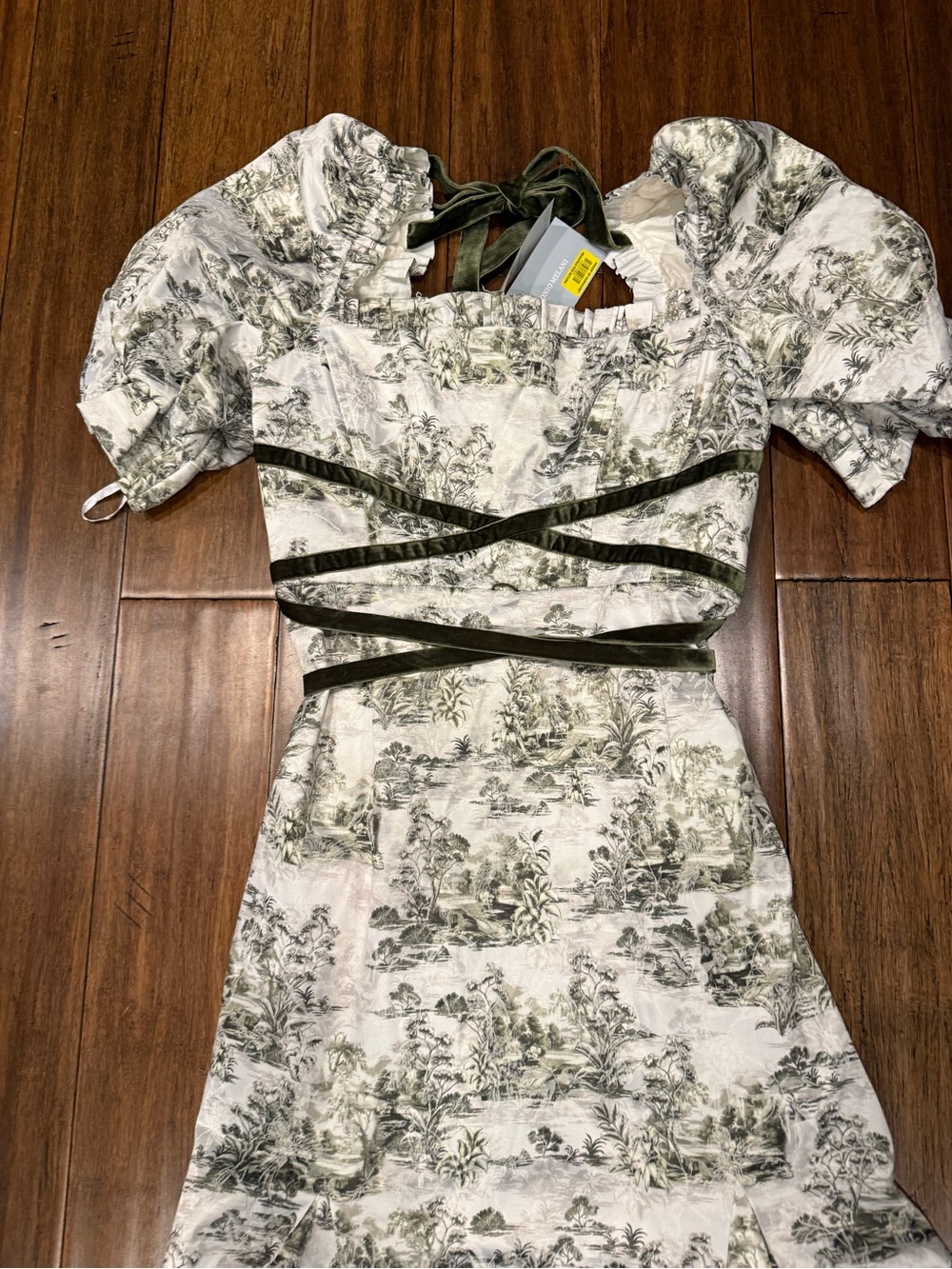 ANTONIO MELANI Ivory Maxi Dress with Olive Toile Print and Velvet Trim - Picture 4 of 13